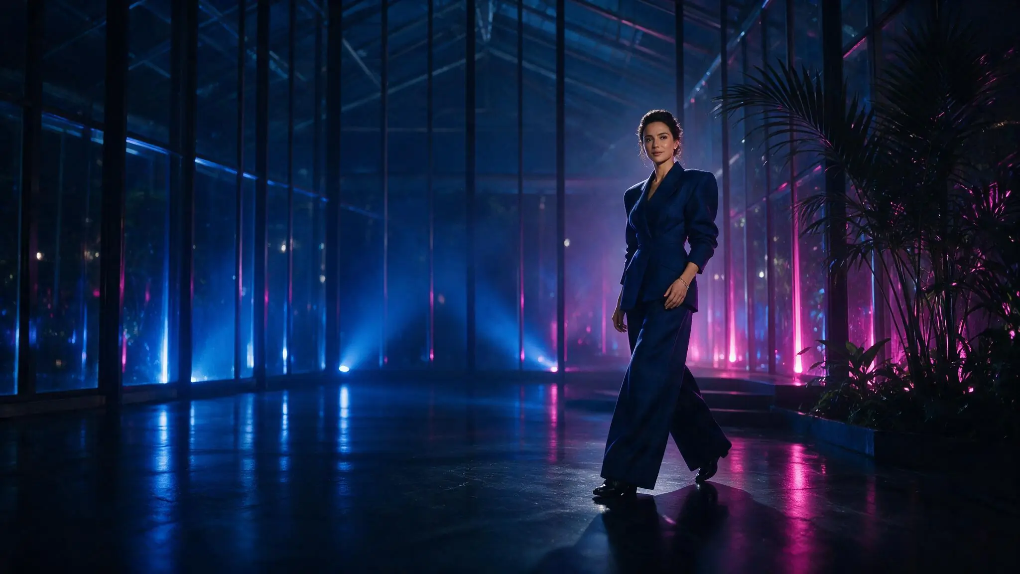 Fictional adult creator in a blue glass pavilion illustrating a locked-camera text-to-video direction