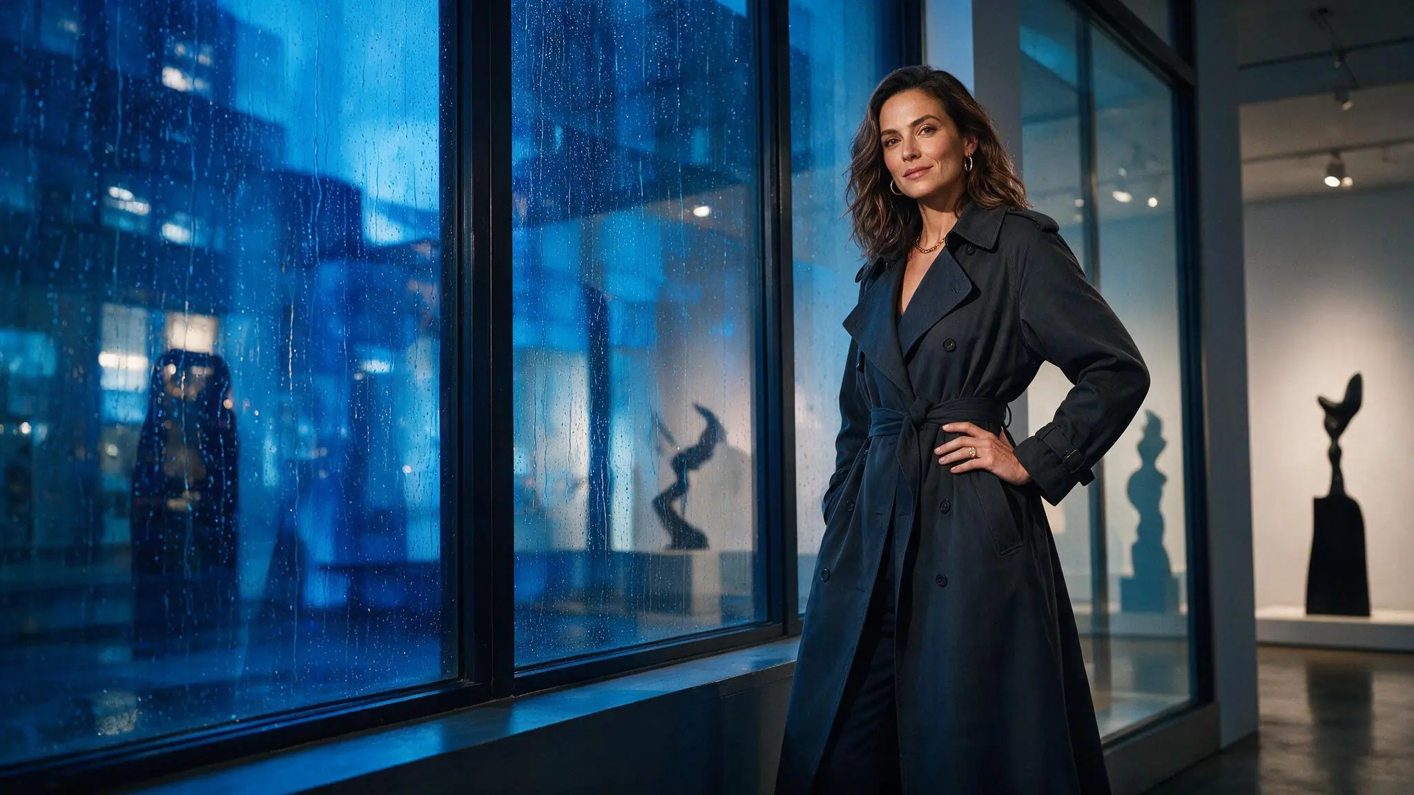 Fictional adult creator in a rain-lit gallery used as an image-to-video source direction